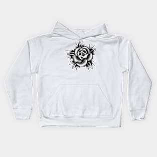 Traditional Rose Black and Grey Tattoo style design Kids Hoodie